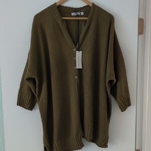Olive Green Women's Boho Asymmetrical Hem Henley Oversized Waffle Knit Pullover